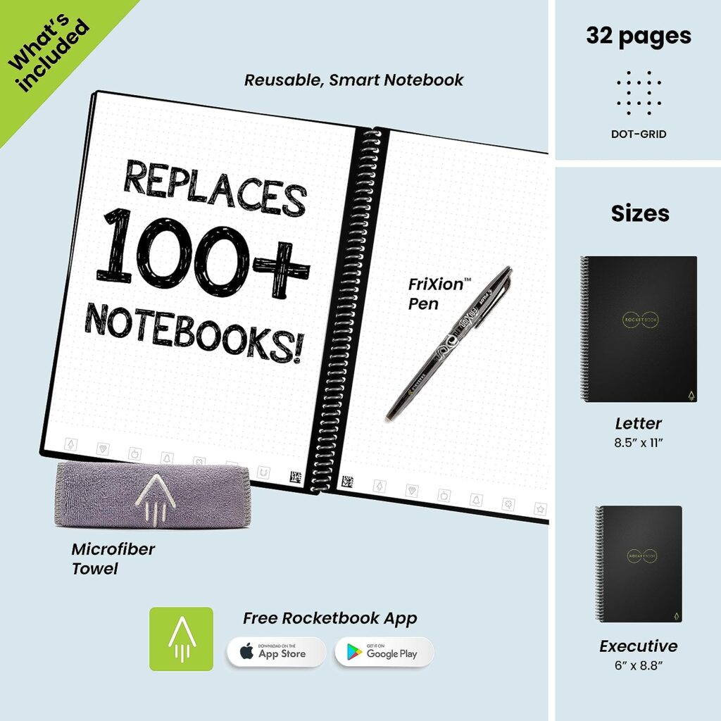 Rocketbook Core Reusable Smart Notebook | Innovative, Eco-Friendly, Digitally Connected Notebook with Cloud Sharing Capabilities | Dotted, 8.5 x 11, 36 Pg, Infinity Black, with Pen, Cloth, and App Included